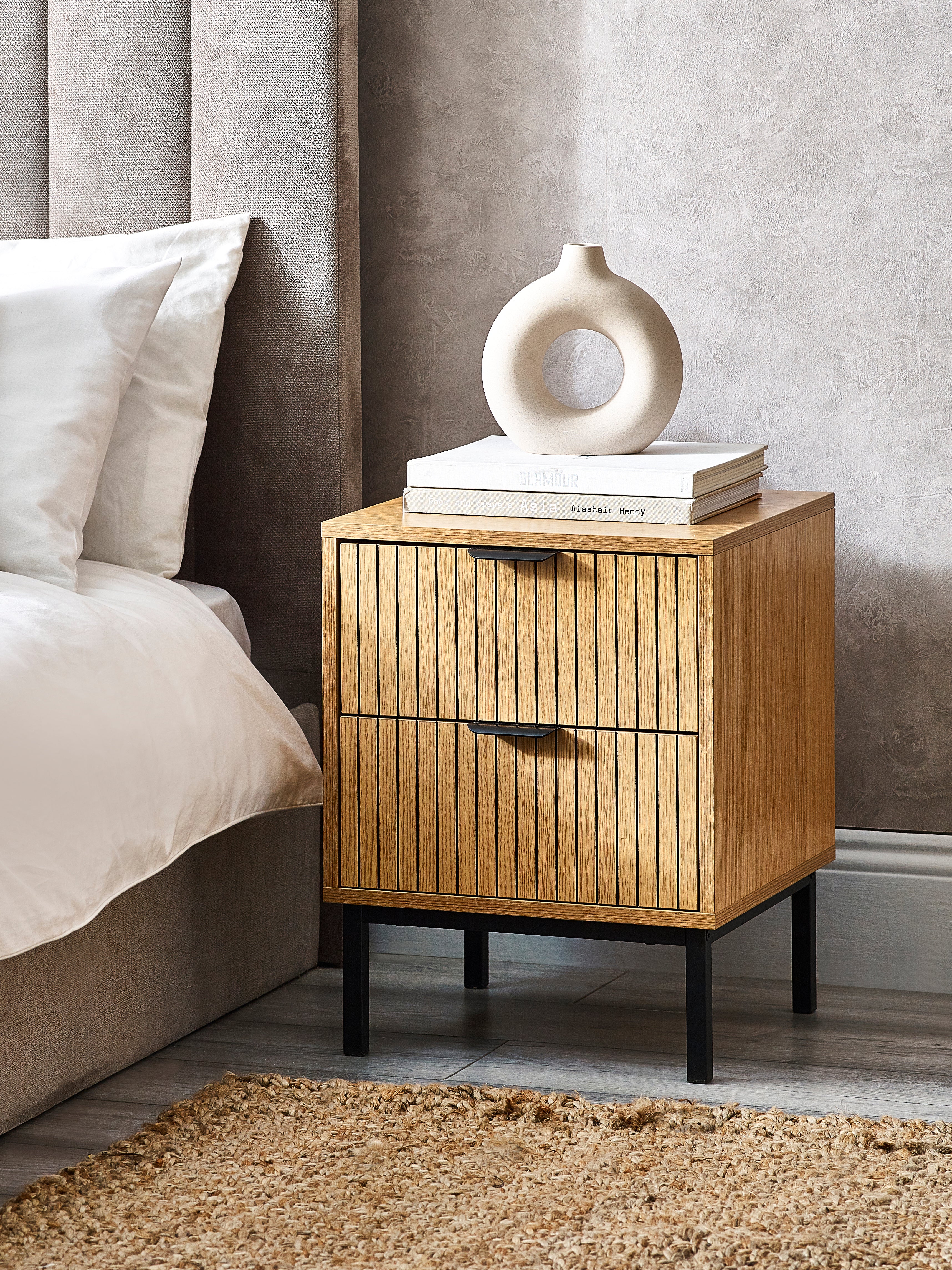 Arya Slatted Oak Wood Bedside Table | 2 Drawers